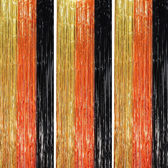 Voircoloria Black Gold Orange Fringe Backdrop Curtains, 3 Pack | Tinsel by Voircoloria