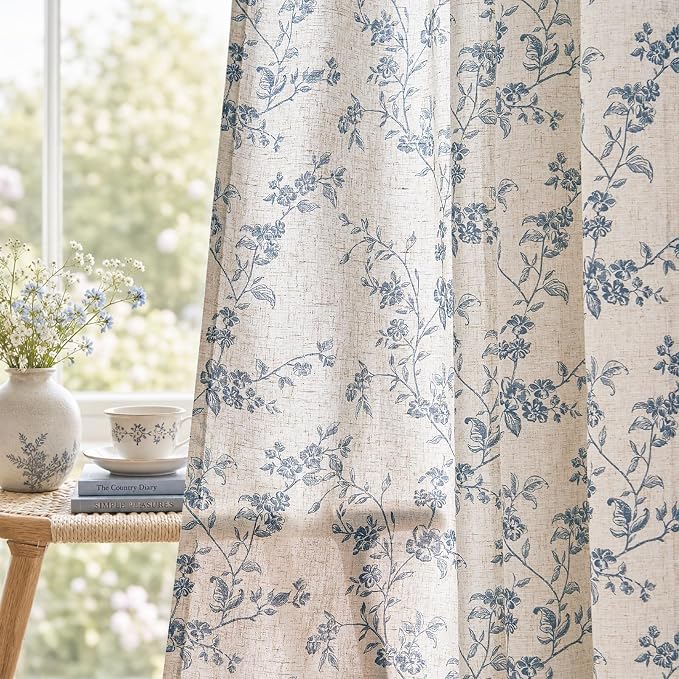 jinchan Blue Floral Linen Curtains 90 Inch Country Drapes Back Tab 2 Panels | by JINCHAN