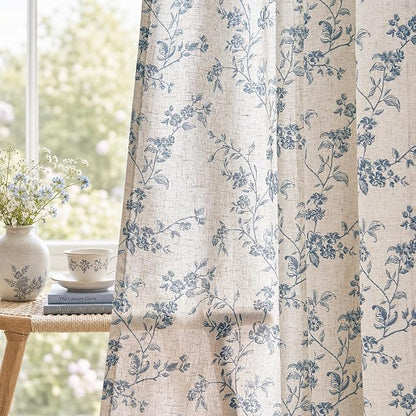 jinchan Blue Floral Linen Curtains 90 Inch Country Drapes Back Tab 2 Panels | by JINCHAN