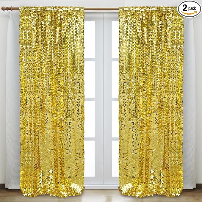 Gold Payette Sequin Backdrop, 4x10 Feet, 2 Panel Shimmer Large Sequin Backdrop by HMQIANG
