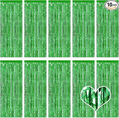 10 Pack Green Backdrop Curtain 3.2ft x 8.2ft Metallic Tinsel Foil Fringe by Ohiyoo