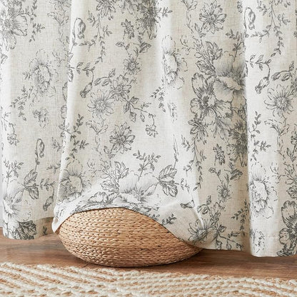 jinchan Grey Floral Linen Curtains 90 Inch Vintage Back Tab 2 Panels | Light - Image 6