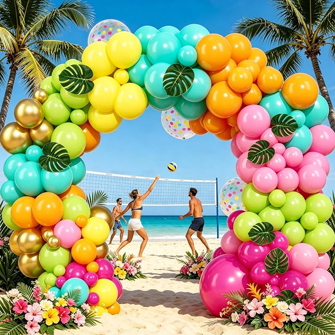 142pcs Summer Hawaiian Tropical Neon Balloon Arch Kit, Palm Leaves | Flamingo - Image 7