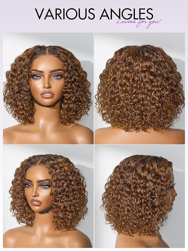 LUVME HAIR 5X5 Deep Curly 10 Inch 100% Human Hair Wigs Curly Deep Wave Glueless Lace Front 10 Inches, Pre Cut Plucked Hd Lace Short Wig Ready To Go Mix Brown Color Straight Bleached Knots Black Wigs
