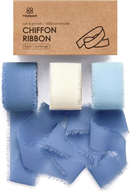 Vitalizart Dusty & Baby Blue Chiffon Silk Ribbon 1" x 21 Yd Handmade Fringe | by Vitalizart