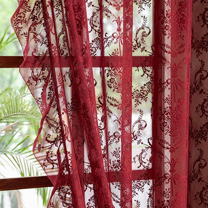 Deeprove Boho Lace Sheer Burgundy Curtains 84 Inches Long - Image 2