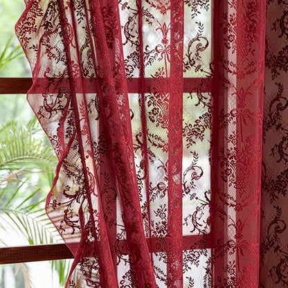 Deeprove Boho Lace Sheer Burgundy Curtains 84 Inches Long - Image 2
