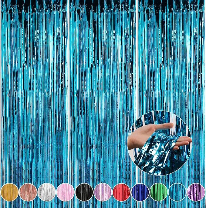 3 Pack 3.3 x 9.9 ft Aqua Blue Fringe Backdrop Streamers Party Decorations | by Crosize