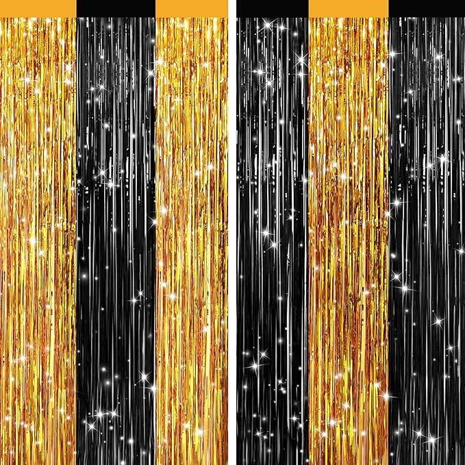 2Pack Black Gold Metallic Tinsel Foil Fringe Curtains, Door Streamers Photo by GCBPartyDecorations