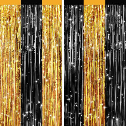 2Pack Black Gold Metallic Tinsel Foil Fringe Curtains, Door Streamers Photo by GCBPartyDecorations