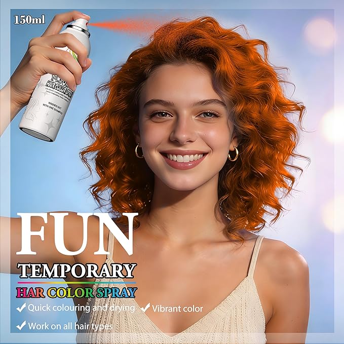 Temporary Hair Color Spray | 150ml Instant Hair Spray for Adults & Kids | Washable & Non-Sticky, Gentle Formula, Orange | Halloween, Cosplay, Costume Party, Festivals