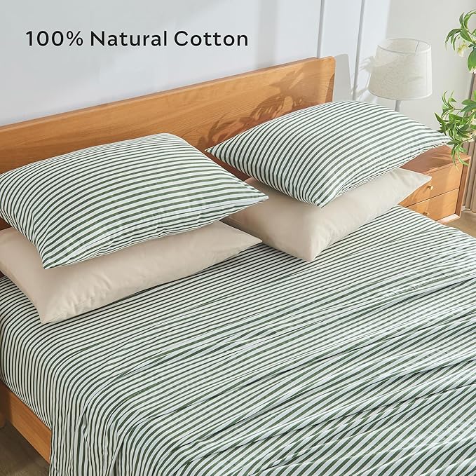 JELLYMONI 100% Natural Cotton Striped Standard Pillowcases Set, 2 Pack White and Green Stripes Pattern Printed Pillow Covers with Envelope Closure(Pillows are not Included)