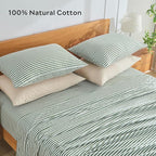 JELLYMONI 100% Natural Cotton Striped King Pillowcases Set, 2 Pack White and Green Stripes Pattern Printed Pillow Covers with Envelope Closure(Pillows are not Included)