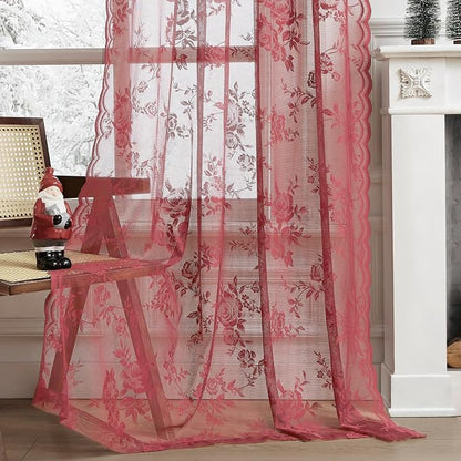 Coral Lace Curtains 80 Inch Length 2 Panels Rod Pocket Romantic Floral Lace - Image 5