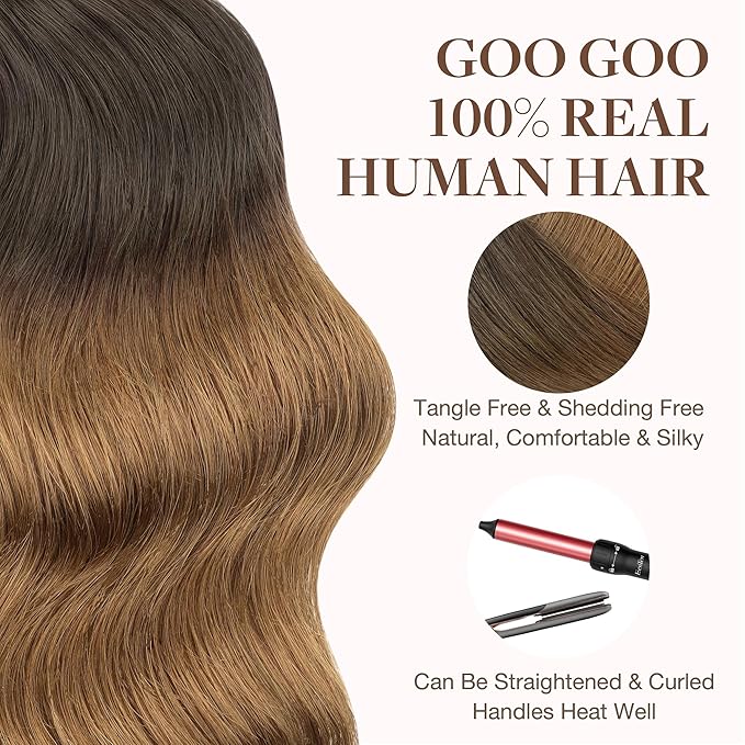 GOO GOO Tape in Hair Extensions Human Hair, 1D/2C/4E Chocolate Dip Color Melt, 22inch 100g 40pcs, Skin Weft Seamless Invisible, Silky Straight with Thick Ends, Remy Human Hair