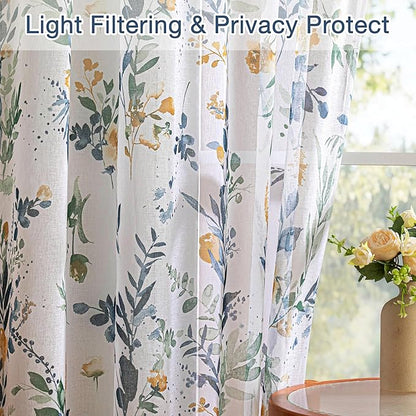 MYSKY HOME Yellow and Blue Sheer Floral Curtains 108 Inch Length 2 Panels | - Image 2