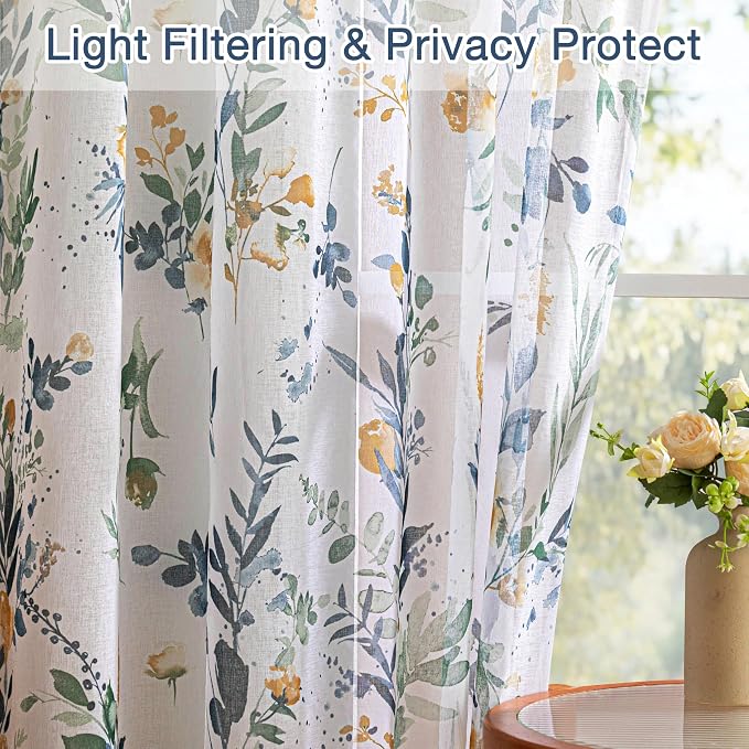 MYSKY HOME Yellow and Blue Sheer Floral Curtains 72 Inch Length 2 Panels | - Image 9