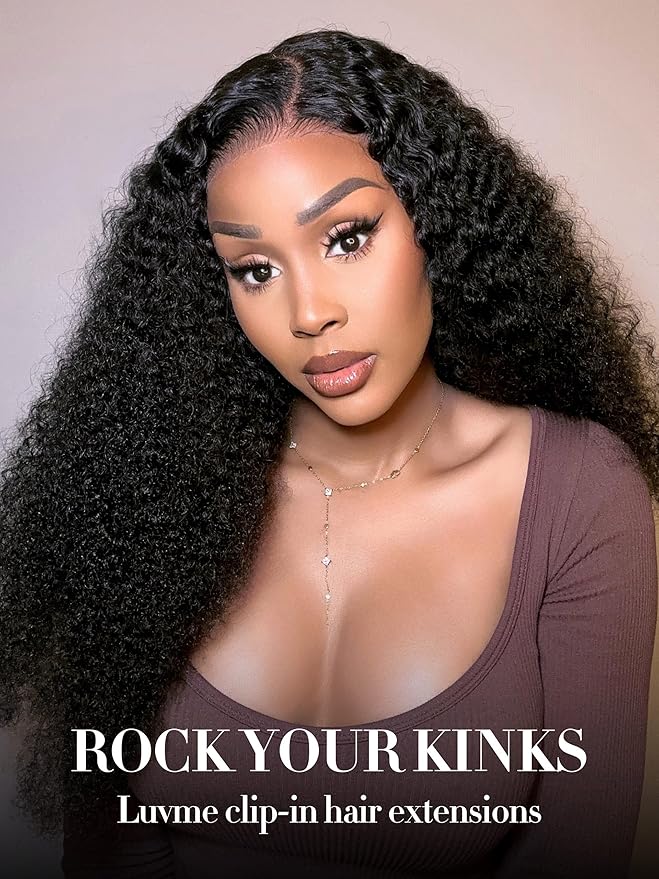 LUVME Kinky Curly Clip ins for Women, Seamless PU Weft Curly Clip in Hair Extensions Human Hair Brazilian Remy Human Hair Natural Black Clip ins 135g 9pcs 18Inch