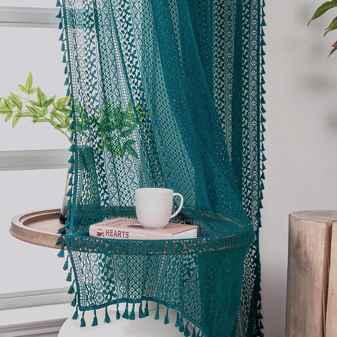 WAZZIO Boho Lace Curtains 72 Inches 2 Panel, Light Filtering Privacy Tassel & - Image 5