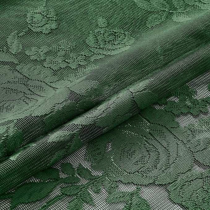 Dark Green Lace Curtains 102 Inches Long 2 Panels Sheer Floral Curtains - Image 6