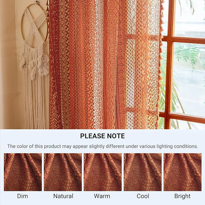 WAZZIO Boho Lace Curtains 102 Inches 2 Panel, Light Filtering Privacy Tassel & - Image 9