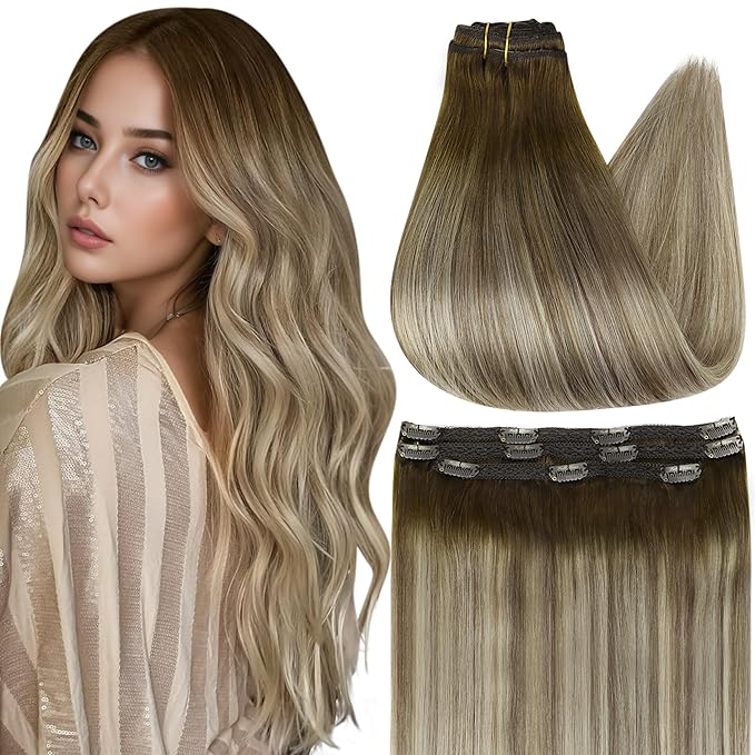 Full Shine Remy Hair Extensions Clip in Short 3 Pcs 60 G Balayage Walnut Brown to Ash Brown Mix Light Blonde Real Hair Clip in Extensions 14 Inch