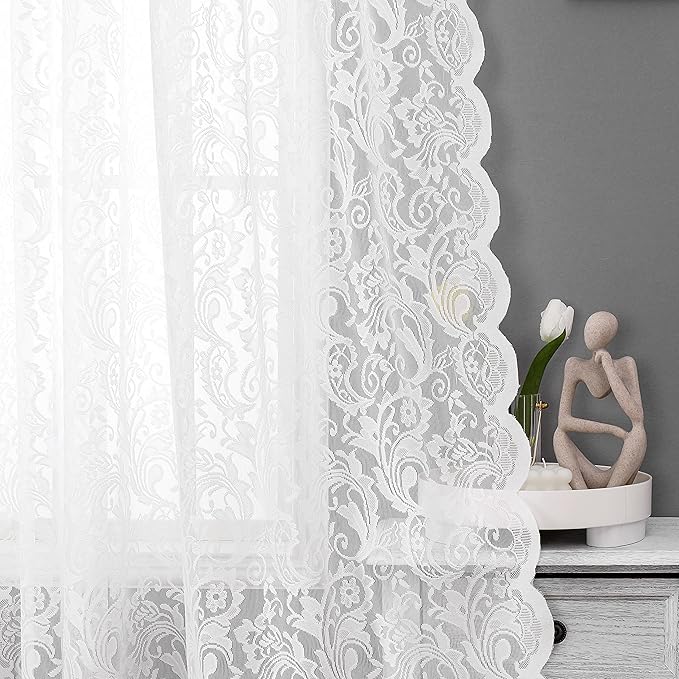Bujasso White Sheer Lace Curtains 54 inch Vintage Floral Short Curtain Panels by Bujasso