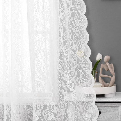 Bujasso White Sheer Lace Curtains 54 inch Vintage Floral Short Curtain Panels by Bujasso