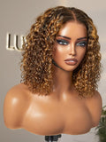 LUVME HAIR 5X5 Deep Curly 10 Inch 100% Human Hair Wigs Curly Deep Wave Glueless Lace Front 10 Inches, Pre Cut Plucked Hd Lace Short Wig Ready To Go Mix Brown Color Straight Bleached Knots Black Wigs