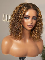 LUVME HAIR 5X5 Deep Curly 10 Inch 100% Human Hair Wigs Curly Deep Wave Glueless Lace Front 10 Inches, Pre Cut Plucked Hd Lace Short Wig Ready To Go Mix Brown Color Straight Bleached Knots Black Wigs