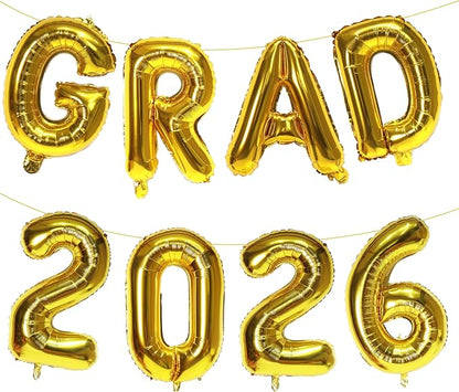 Gold GRAD 2026 Banner Balloons, 16 Inch Mylar Foil letter Graduation Balloons by KALOR