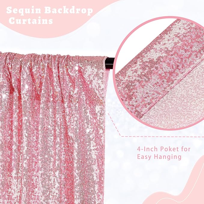Pink Sequin Backdrop Curtains Party Photo Glitter Drapes 2 Pcs 2FTx8FT | - Image 3