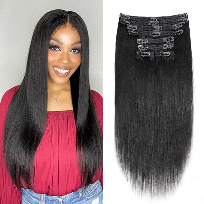 24 Inch Yaki-Straight Clip ins Real Human Hair Clip in Extensions For Women Brazilian Clip on Hair Extensions Real Human Hair Virgin Hair Extensions(24 Inch)