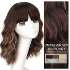 Nnzes Short Wavy Bob Wig with Bangs for Women Shoulder Length Curly Ombre Brown Highlight Synthetic Heat-Resistant Fiber Hair for Daily & Party Use