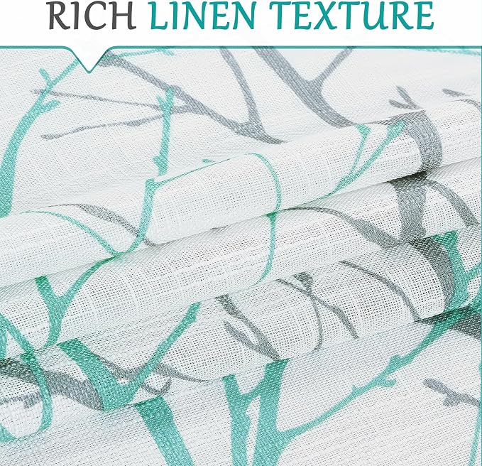 FMFUNCTEX Linen Aqua Blue White Semi Sheer Print Curtains 84 Inch 2 Panels | - Image 4