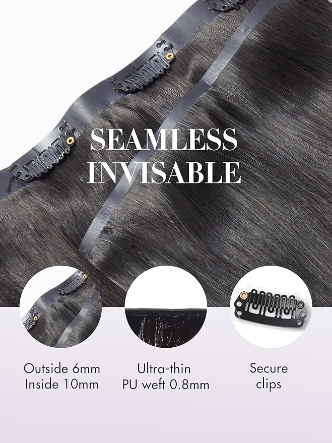 LUVME Seamless Clip in Hair Extensions Human Hair, 16 Inch 135g 9pcs Natural Black Hair Extensions Clip in Human Hair Sliky Straight Remy Human Hair Extensions