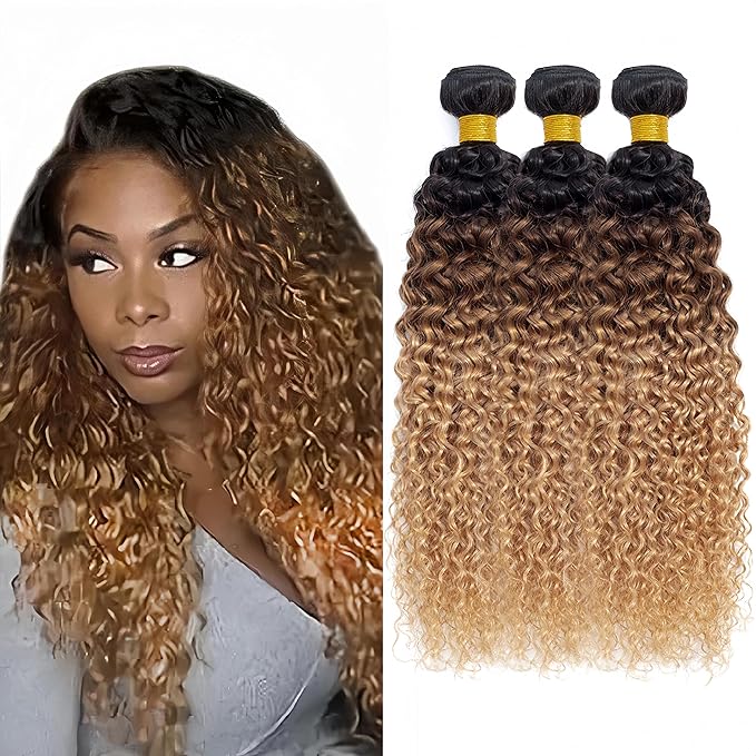 30 32 34 Inch Ombre Brown Human Hair Bundles Blonde Curly Bundles 3 Tone Black and Honey Blonde Bundle Niegmeag Brazilian Virgin Soft and Silky Remy Hair Extensions
