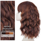 Nnzes Short Wavy Wig with Bangs for Women Shoulder Length Bob Curly Women's Charming Synthetic Natural Wavy Brown highlight Heat Resistant Hair for Daily Party Use