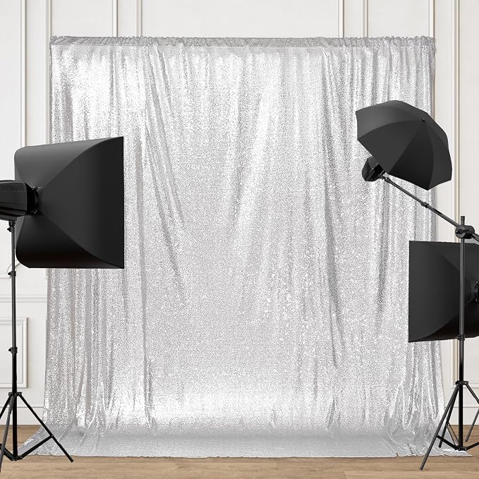 PartyDelight Silver Sequin Backdrop 6x8ft Sparkly Photo Curtain | 4 Inch Rod by PartyDelight