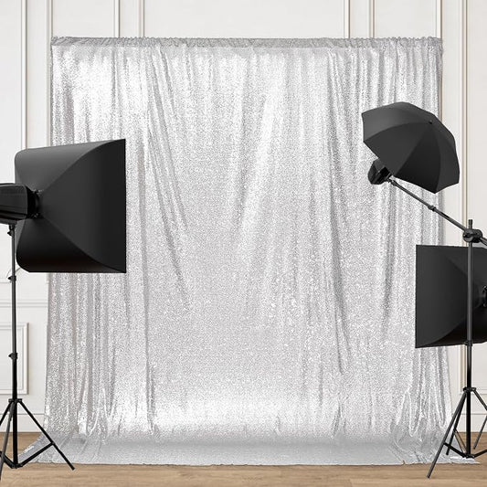 PartyDelight Silver Sequin Backdrop 6x8ft Sparkly Photo Curtain | 4 Inch Rod by PartyDelight