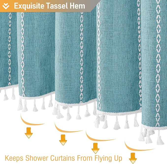 Teal Boho Farmhouse Linen Heavy Duty Cloth Shower Curtain Set, 72x72 | 330GSM - Image 6