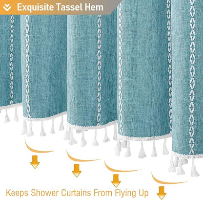 Teal Boho Farmhouse Linen Heavy Duty Cloth Shower Curtain Set, 72x72 | 330GSM - Image 6