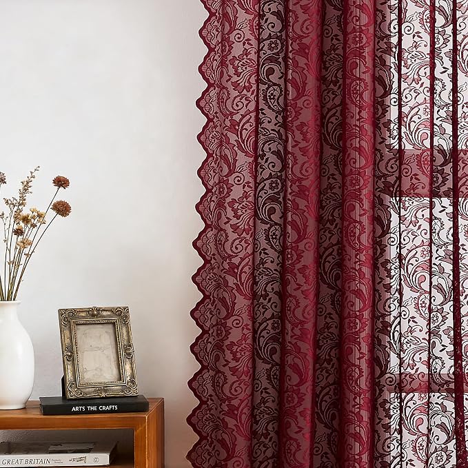 Bujasso Burgundy Lace Sheer Curtains - Image 3