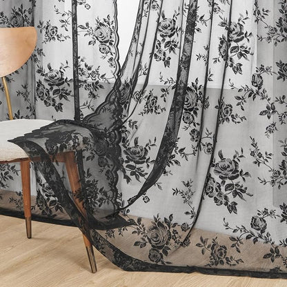 Black Lace Curtains 90 Inches Long 2 Panels Vintage Gothic Floral Lace Curtains - Image 5