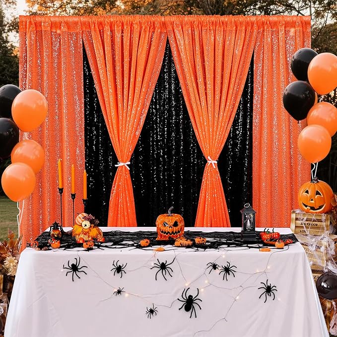 Orange Party Decor Sequin Curtains 4Pcs 2FTx8FT Halloween Photo Backdrop - Image 6