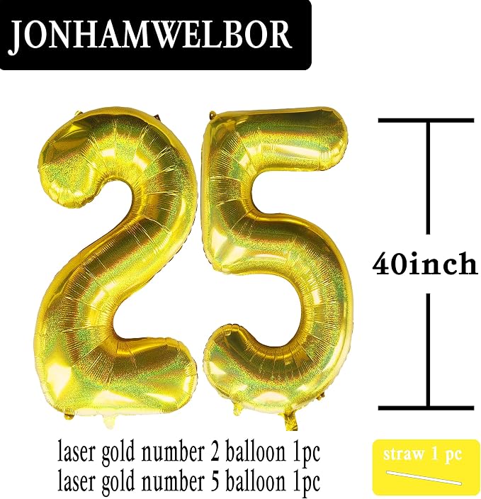 Jonhamwelbor 40 Inch Laser Gold 25 Balloon Numbers Foil Mylar Giant Balloon - Image 2