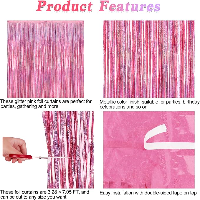 8 Pack Pink Backdrop, 3.28 FT x 7.05 FT Fringe Curtains, Metallic Glitter Pink - Image 4