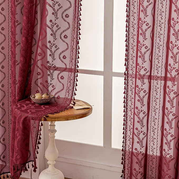 WAZZIO Boho Lace Curtains 2 Panels 63 Inch -Victorian Sheer Panel Drape French - Image 5