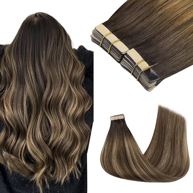 GOO GOO Tape in Hair Extensions Human Hair, 4D/14/5B Brunette Balayage, 14inch 100g 40pcs, Skin Weft Seamless Invisible, Silky Straight with Thick Ends, Remy Human Hair