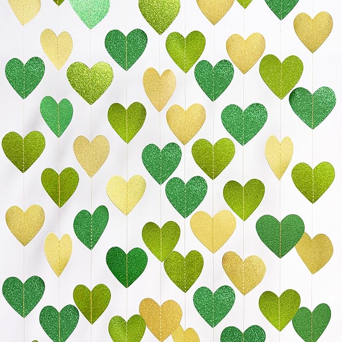 Gold and Green Heart Party Decorations Glitter Paper Love Heart Hanging Banner by pinkblume